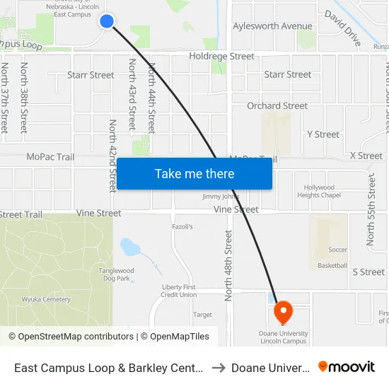 East Campus Loop & Barkley Center, NE to Doane University map