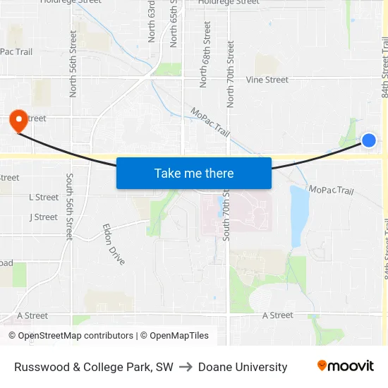 Russwood & College Park, SW to Doane University map