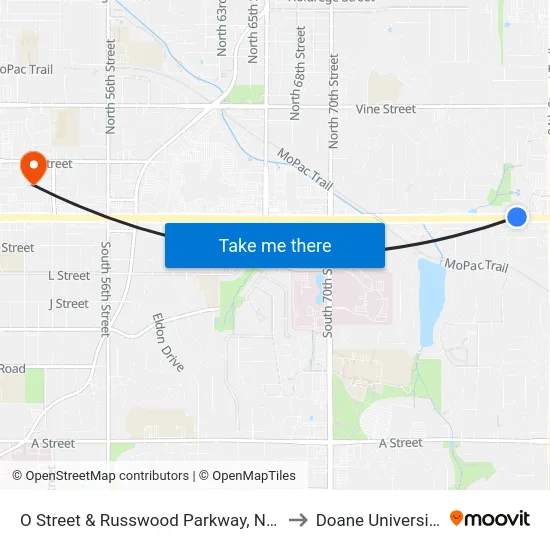 O Street & Russwood Parkway, NW to Doane University map