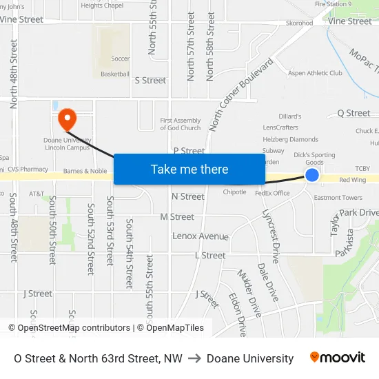 O Street & North 63rd Street, NW to Doane University map