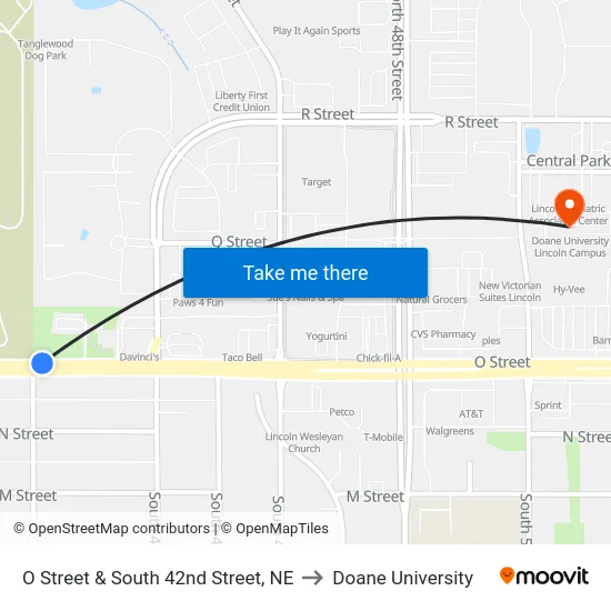 O Street & South 42nd Street, NE to Doane University map