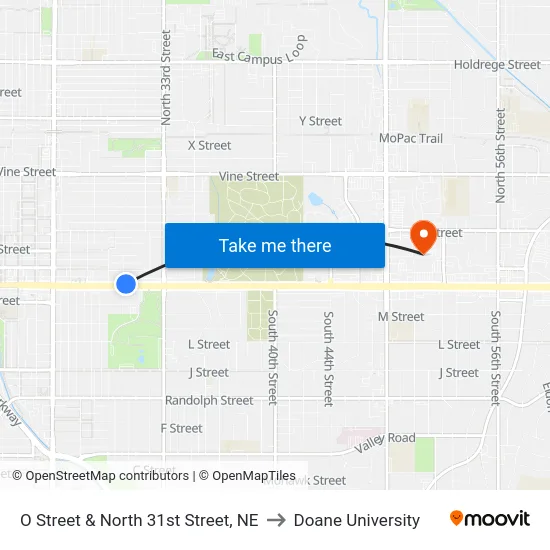 O Street & North 31st Street, NE to Doane University map