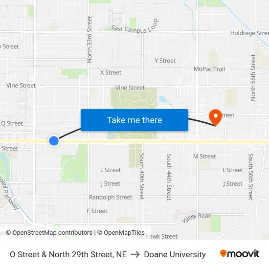 O Street & North 29th Street, NE to Doane University map