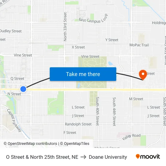 O Street & North 25th Street, NE to Doane University map