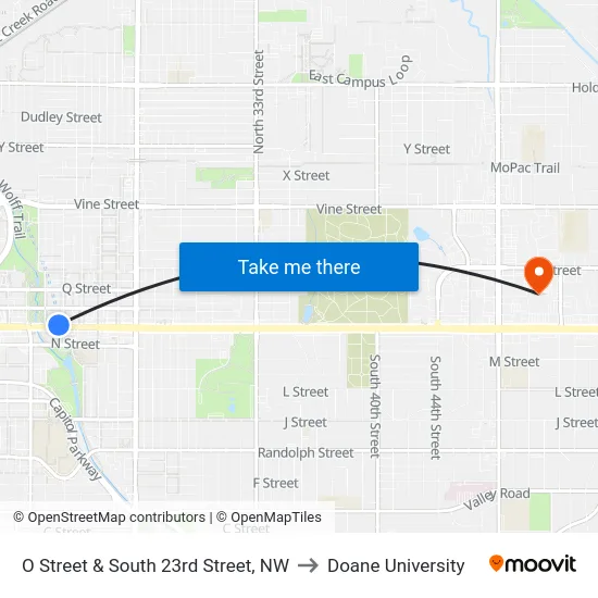O Street & South 23rd Street, NW to Doane University map