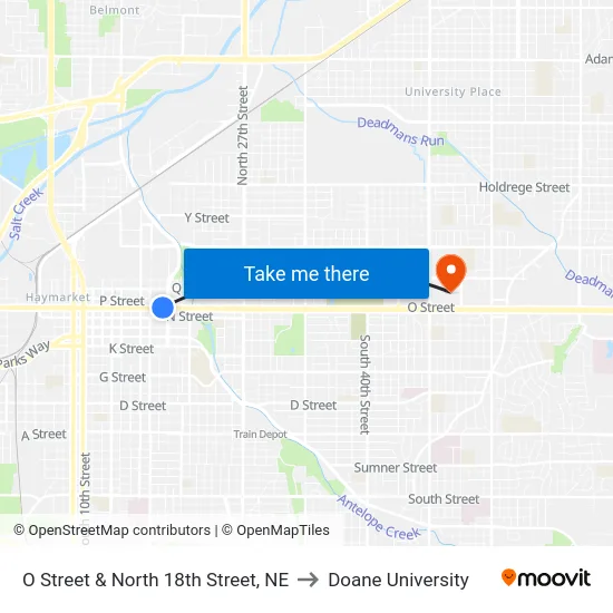 O Street & North 18th Street, NE to Doane University map
