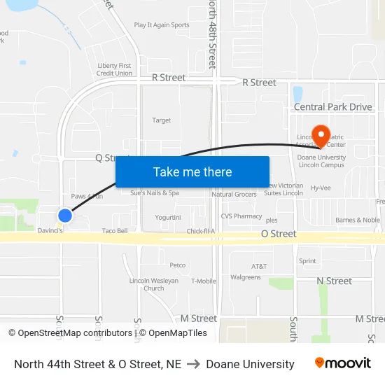 North 44th Street & O Street, NE to Doane University map