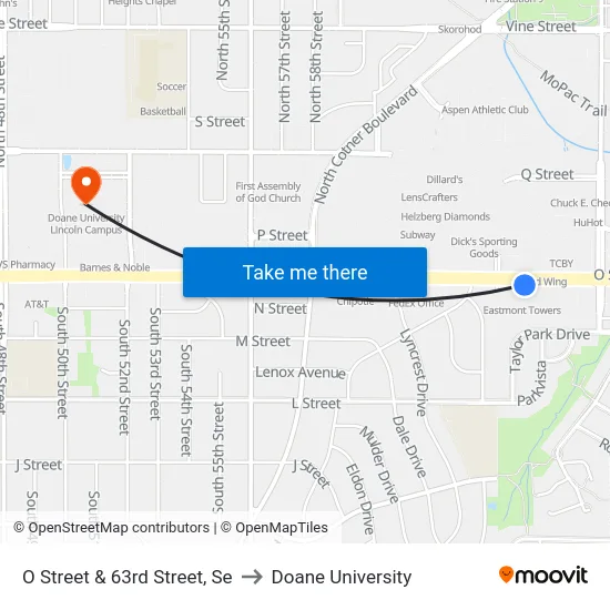 O Street & 63rd Street, Se to Doane University map