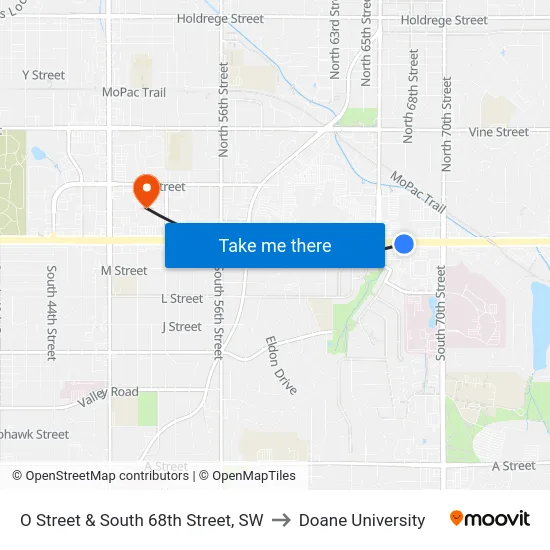 O Street & South 68th Street, SW to Doane University map