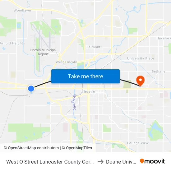 West O Street Lancaster County Corrections, Se to Doane University map