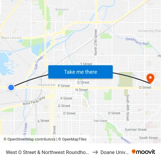 West O Street & Northwest Roundhouse Drive, Se to Doane University map