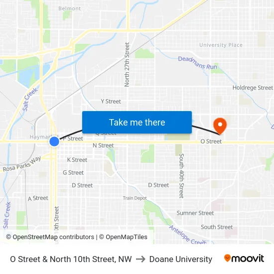 O Street & North 10th Street, NW to Doane University map