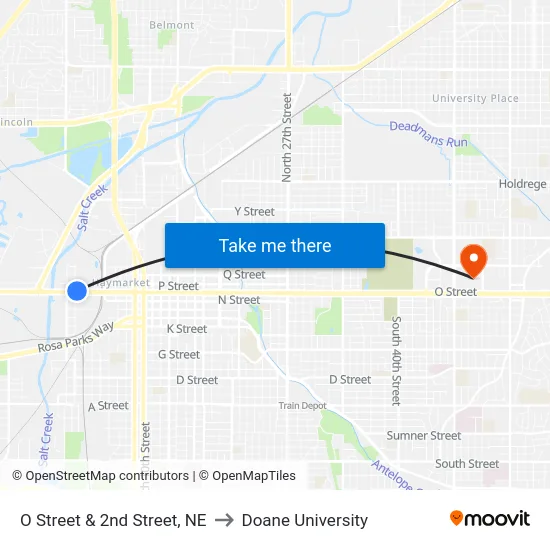 O Street & 2nd Street, NE to Doane University map