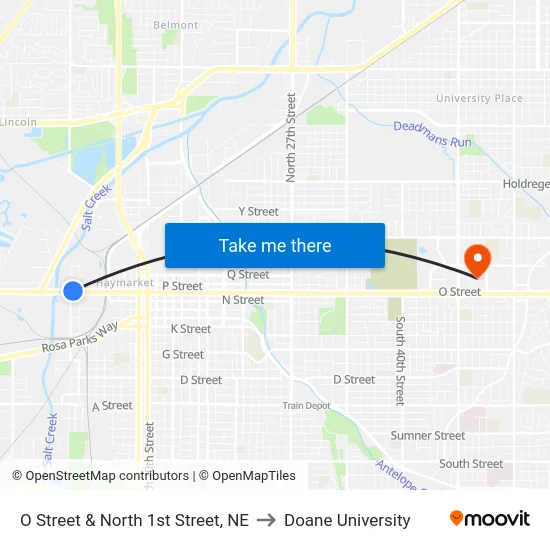 O Street & North 1st Street, NE to Doane University map