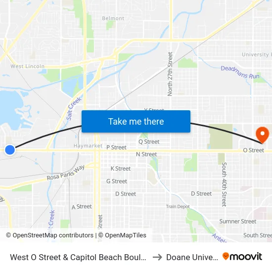 West O Street & Capitol Beach Boulevard, NE to Doane University map