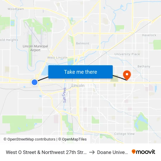 West O Street & Northwest 27th Street, NE to Doane University map