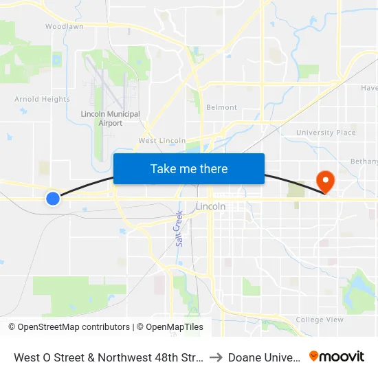 West O Street & Northwest 48th Street, NE to Doane University map