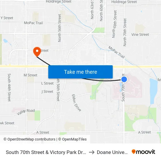 South 70th Street & Victory Park Drive, NE to Doane University map