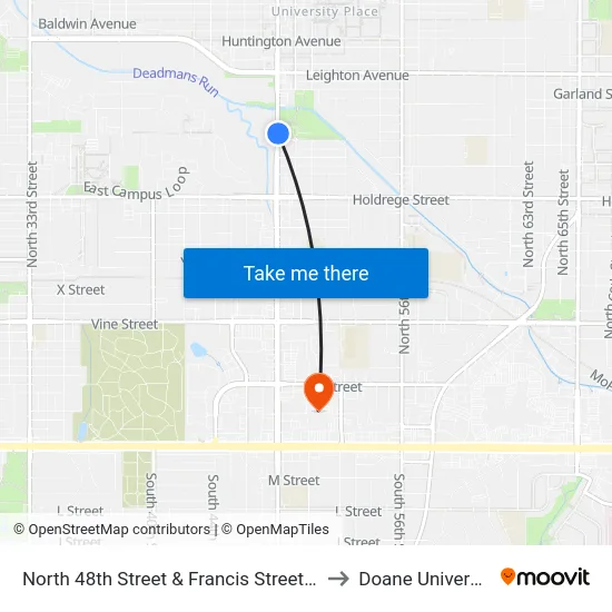 North 48th Street & Francis Street, NE to Doane University map