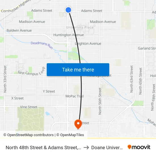 North 48th Street & Adams Street, NE to Doane University map