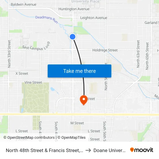 North 48th Street & Francis Street, SW to Doane University map