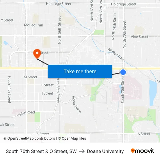 South 70th Street & O Street, SW to Doane University map