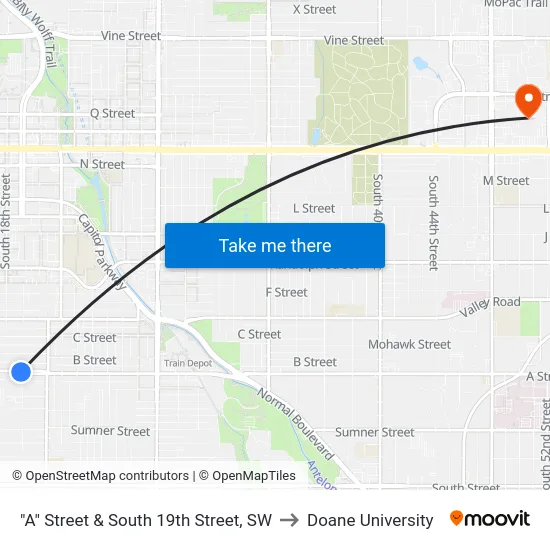 "A" Street & South 19th Street, SW to Doane University map