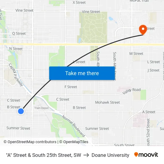 "A" Street & South 25th Street, SW to Doane University map