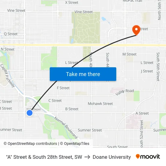 "A" Street & South 28th Street, SW to Doane University map