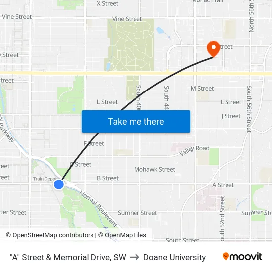 "A" Street & Memorial Drive, SW to Doane University map