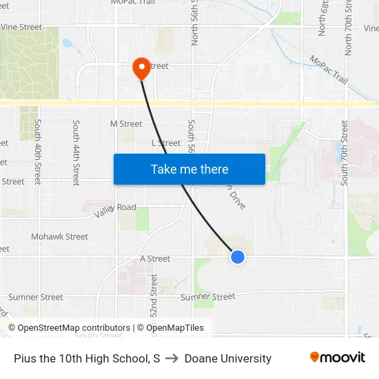 Pius the 10th High School, S to Doane University map