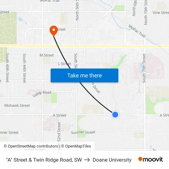 "A" Street & Twin Ridge Road, SW to Doane University map