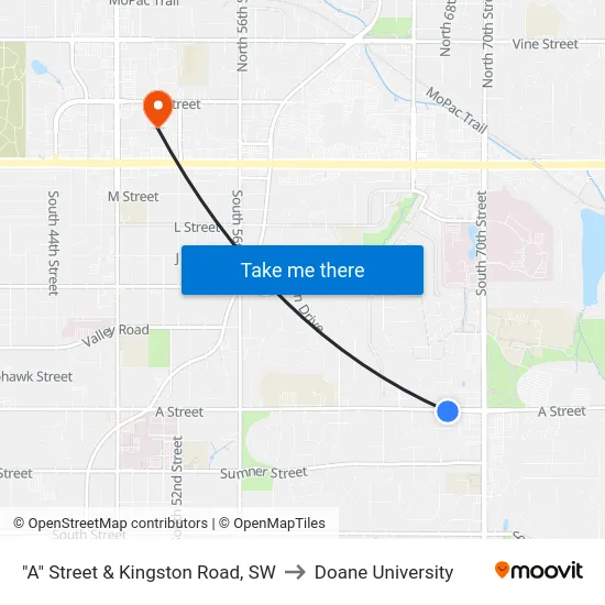 "A" Street & Kingston Road, SW to Doane University map