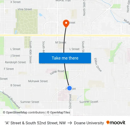 "A" Street & South 52nd Street, NW to Doane University map