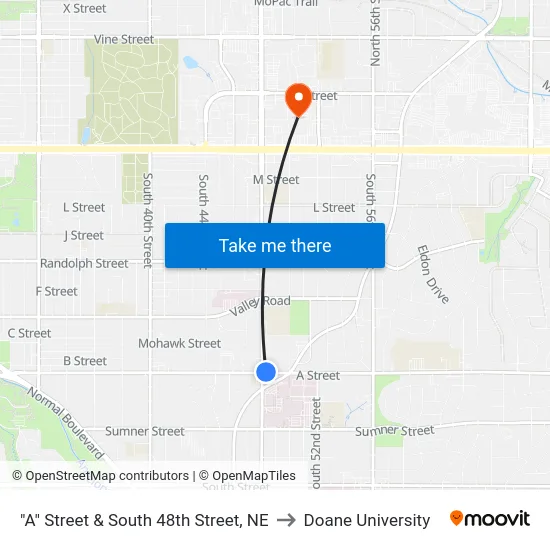 "A" Street & South 48th Street, NE to Doane University map
