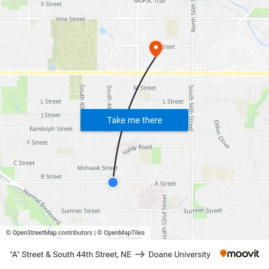 "A" Street & South 44th Street, NE to Doane University map