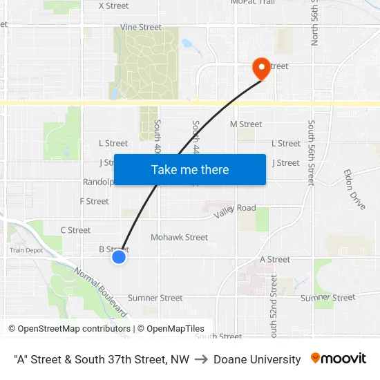 "A" Street & South 37th Street, NW to Doane University map