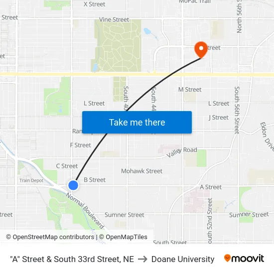 "A" Street & South 33rd Street, NE to Doane University map