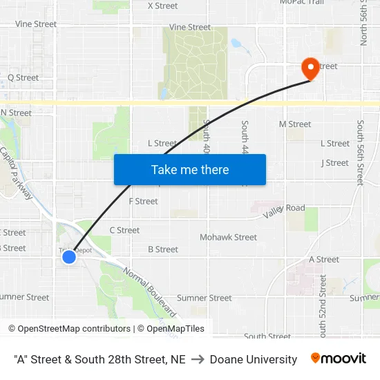 "A" Street & South 28th Street, NE to Doane University map