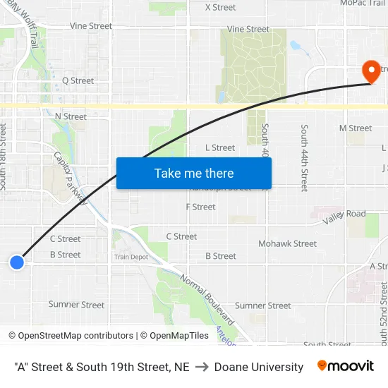 "A" Street & South 19th Street, NE to Doane University map