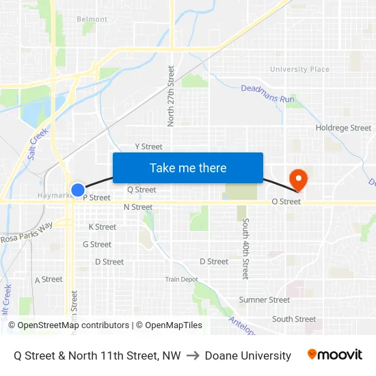 Q Street & North 11th Street, NW to Doane University map