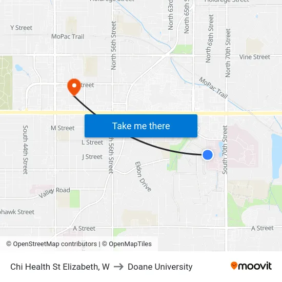 Chi Health St Elizabeth, W to Doane University map