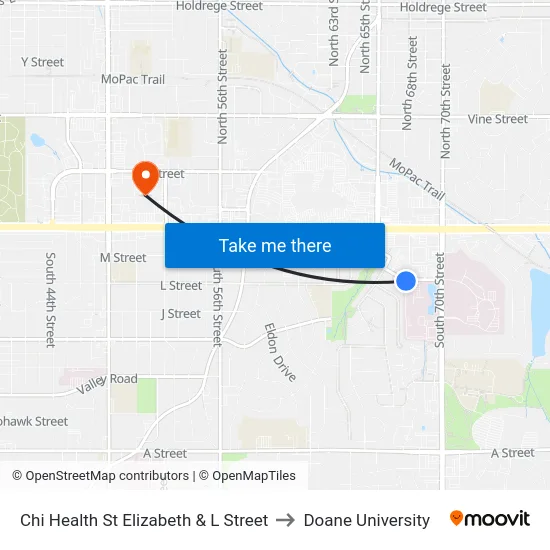 Chi Health St Elizabeth & L Street to Doane University map