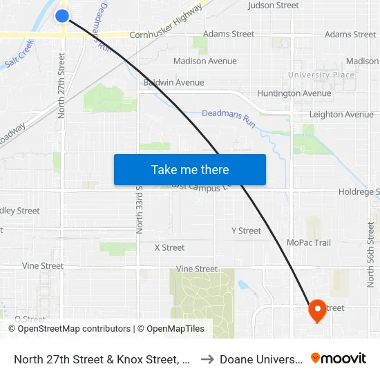 North 27th Street & Knox Street, SW to Doane University map