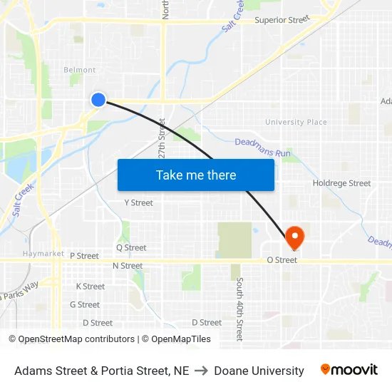 Adams Street & Portia Street, NE to Doane University map