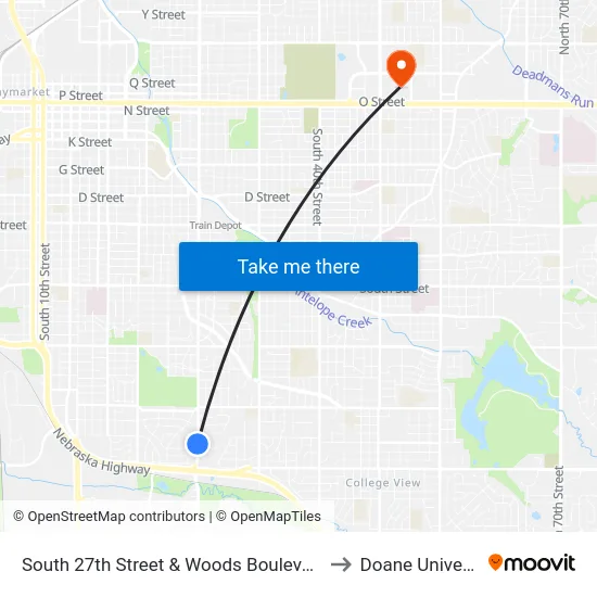 South 27th Street & Woods Boulevard, NW to Doane University map
