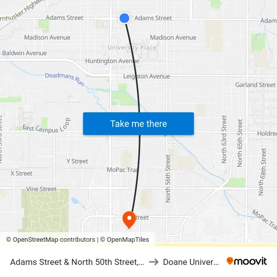 Adams Street & North 50th Street, NW to Doane University map