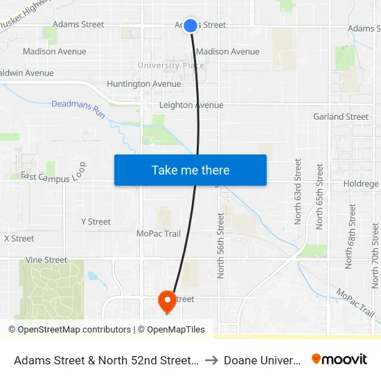 Adams Street & North 52nd Street, NE to Doane University map