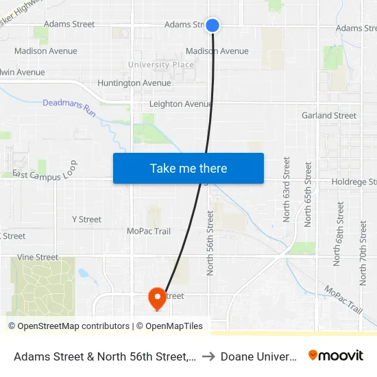 Adams Street & North 56th Street, NE to Doane University map