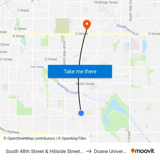 South 48th Street & Hillside Street, NE to Doane University map